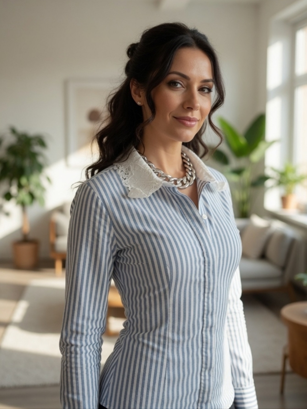 Blue and white button shirt